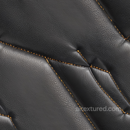 Quilted Black Leather PBR Texture with Orange Stitched Detailing and Fine Grain seamless Leather PBR texture