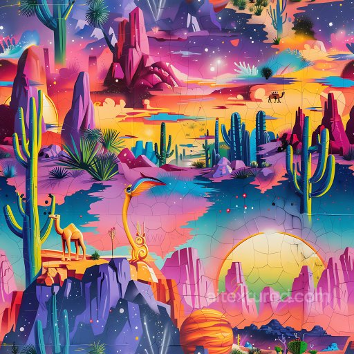 Seamless 3D PBR Texture Featuring Vibrant Desert Graffiti Mural with Cacti and Sunset Col… texture preview