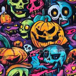 seamless Seamless 3D PBR Graffiti Texture Featuring Colorful Skulls and Halloween Pumpkins texture 8k free download PBR