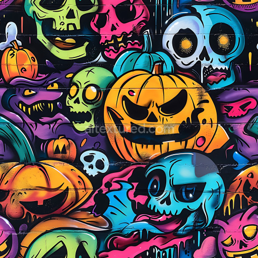 Seamless 3D PBR Graffiti Texture Featuring Colorful Skulls and Halloween Pumpkins