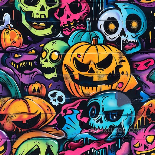 Seamless 3D PBR Graffiti Texture Featuring Colorful Skulls and Halloween Pumpkins texture preview