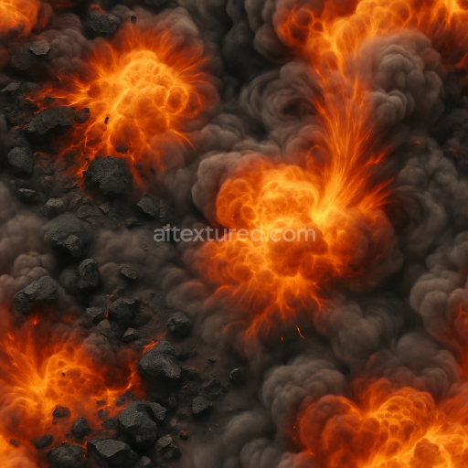 Seamless 8k PBR 3d texture of charred rubble with burst flames and explosion ripple effects