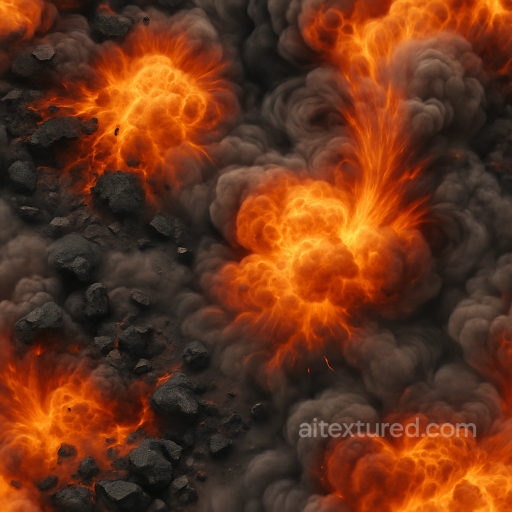 Seamless 8K PBR 3D texture of charred rubble with burst flames and explosion ripple effec… seamless Explosion PBR texture