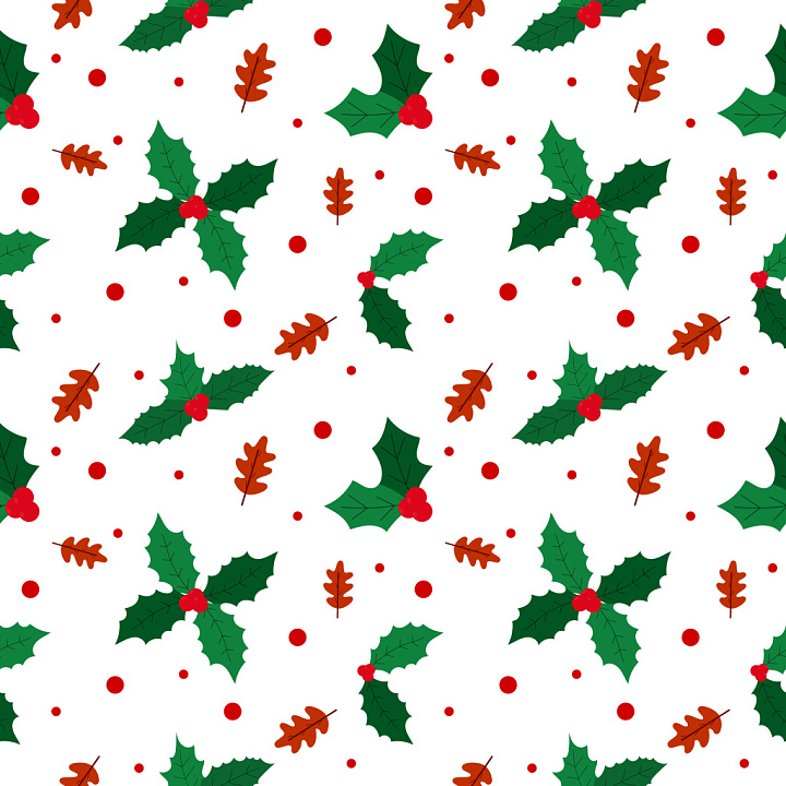 Pattern with Holly Leaves and Oak Acorns in Festive Holiday Colors Wood seamless PBR texture preview