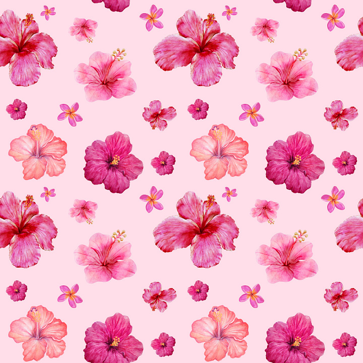Pattern with Watercolor Pink Hibiscus Flowers on Soft Pink Background seamless PBR texture preview