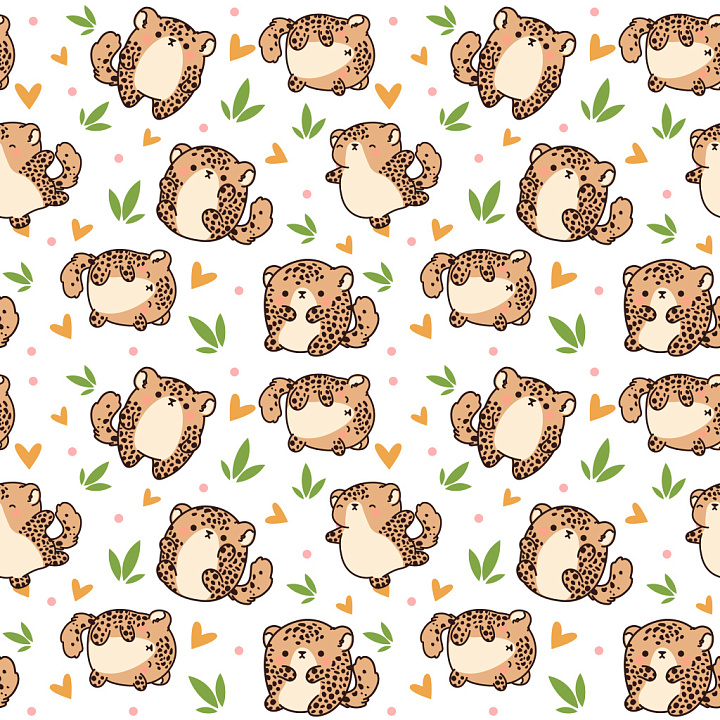 Pattern Featuring Cute Cartoon Leopard Motifs with Heart and Leaf Accen… seamless PBR texture preview
