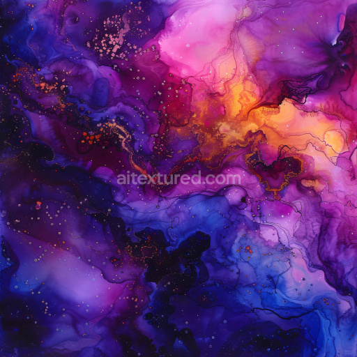 Seamless 3D Alcohol Ink PBR Texture with Violet and Gold Fluid Waves and Swirling Marbling