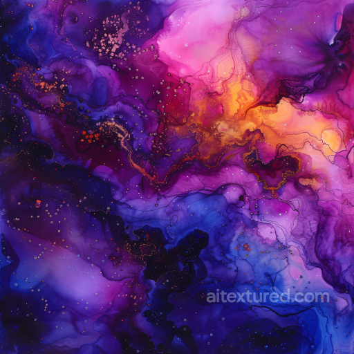 Alcohol Ink PBR Texture with Violet and Gold Fluid Waves and Swirling Marbling seamless Alcohol ink PBR texture
