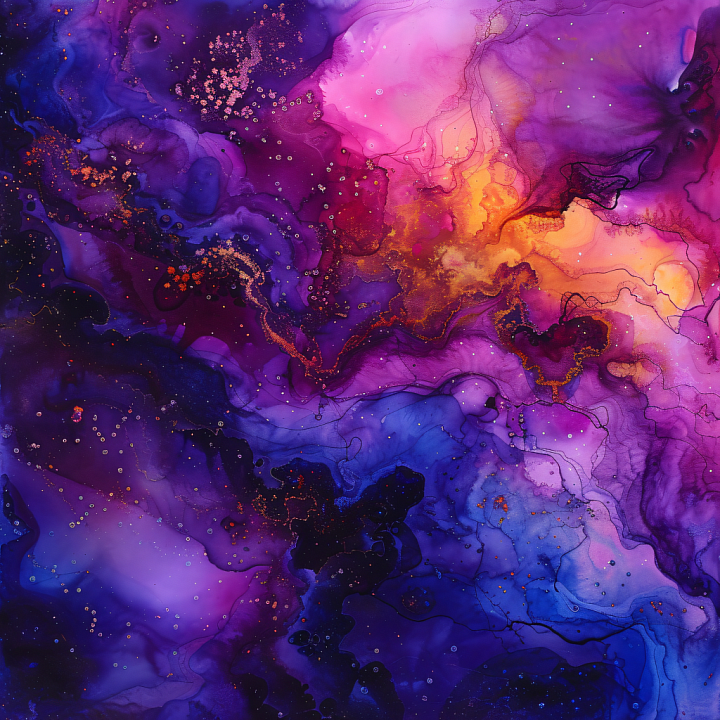 Alcohol Ink with Violet and Gold Fluid Waves and Swirling Marbling seamless PBR texture preview