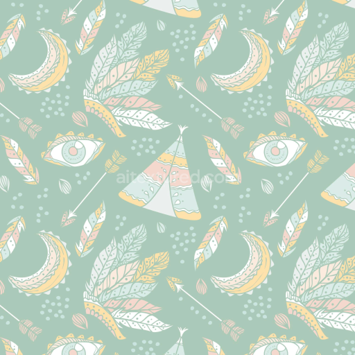 Seamless 3D PBR Boho Fabric Texture Featuring Pastel Feathers and Teepees