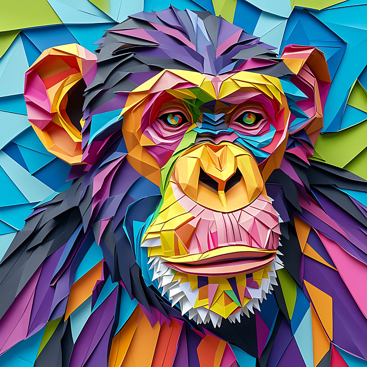 Animal of Vibrant Origami Style Chimpanzee Face seamless PBR texture preview