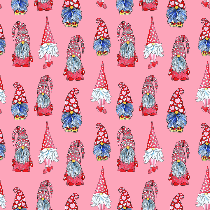 with Cute Valentine Gnome Pattern on Pink Background seamless PBR texture preview