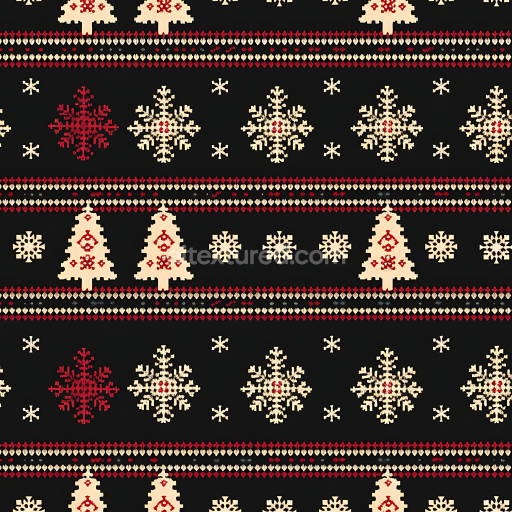 Seamless 3D PBR Christmas fabric texture with pixelated snowflake and tree pattern
