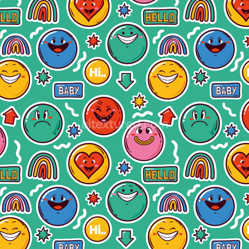 Seamless 3D PBR playful happy face pattern texture with colorful cartoon emojis