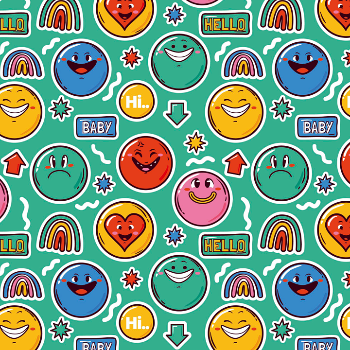 Playful Happy Face Pattern With Colorful Cartoon Emojis seamless PBR texture preview
