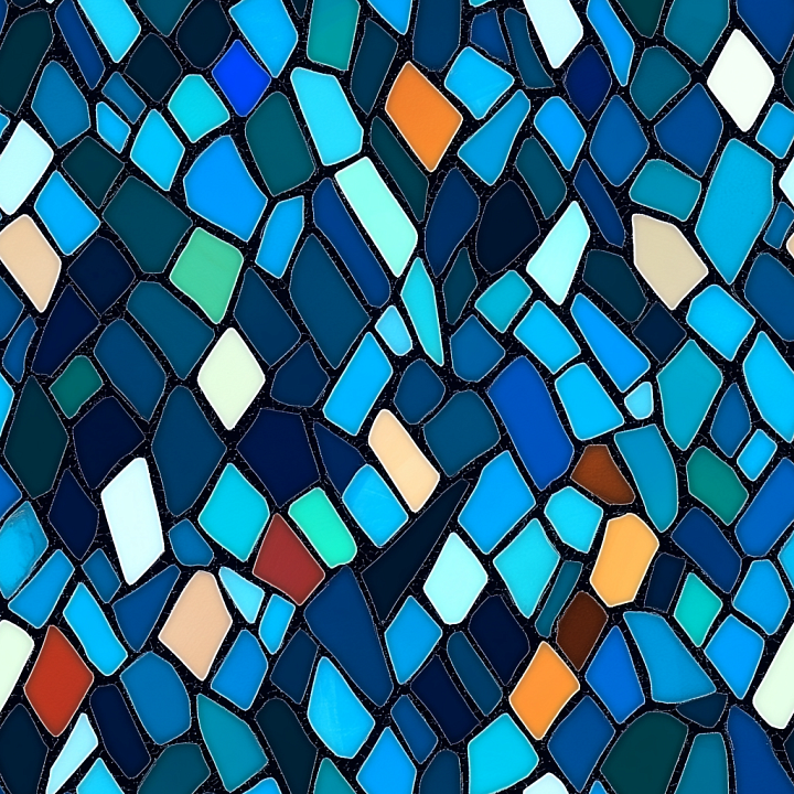 Mosaic with Vibrant Blue Ceramic Tiles and Irregular Shapes seamless PBR texture preview