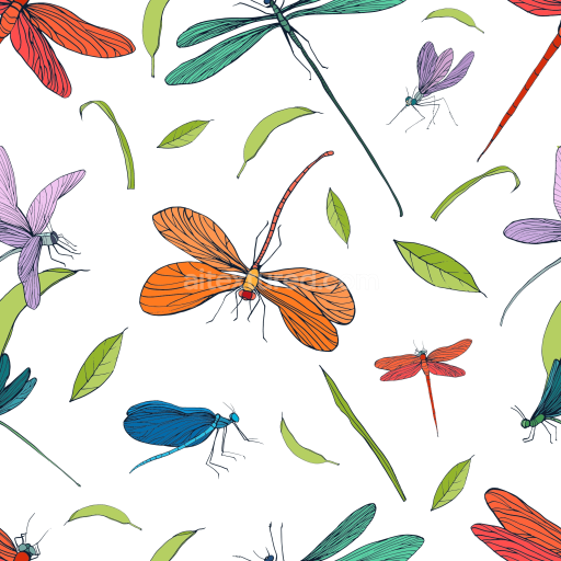 Seamless 3D PBR Texture with Vibrant Dragonflies and Leaves Pattern