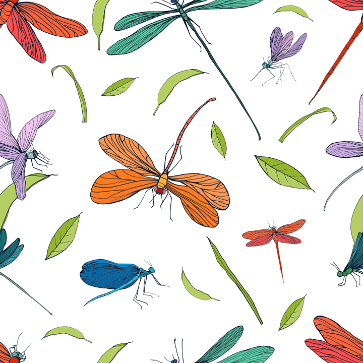 with Vibrant Dragonflies and Leaves Pattern seamless PBR texture preview