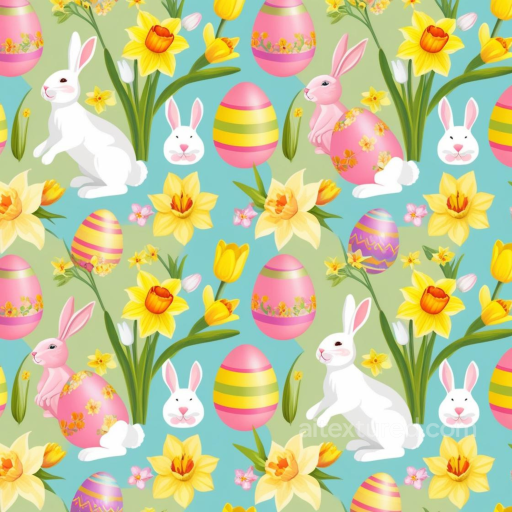 with Colorful Easter Eggs, Rabbits, and Daffodils seamless All Easter Digital paper PBR texture