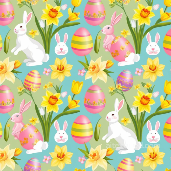 with Colorful Easter Eggs, Rabbits, and Daffodils All Easter Digital paper texture preview