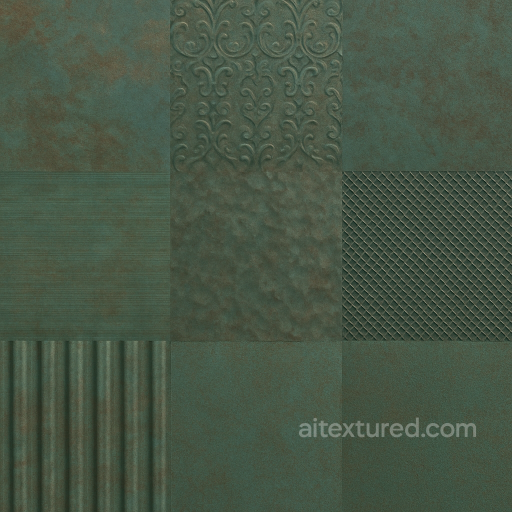 Oxidized Copper Surface With Embossed Metal And Etched Metal Effects seamless Surfaces, smooth, rough PBR texture