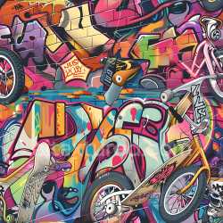 seamless Seamless 3D PBR Texture of Colorful Urban Graffiti Mural with BMX and Skateboard Art texture 8k free download PBR