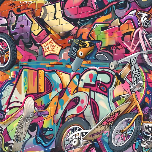 Seamless 3D PBR Texture of Colorful Urban Graffiti Mural with BMX and Skateboard Art texture preview