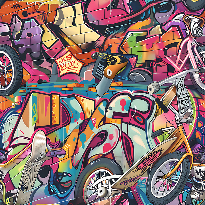 Colorful Urban Graffiti Mural with BMX and Skateboard Art seamless PBR texture preview