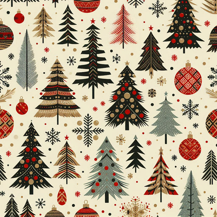 All Christmas Digital paper of Stylized Christmas Trees and Ornaments seamless PBR texture preview