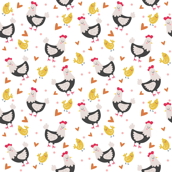 Pattern with Playful Chicken and Heart Motifs in Soft Pastel Colors seamless PBR texture preview
