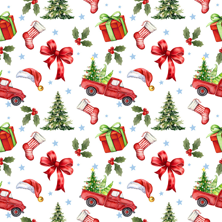Pattern Featuring Watercolor Christmas Icons with Balanced Repeat seamless PBR texture preview